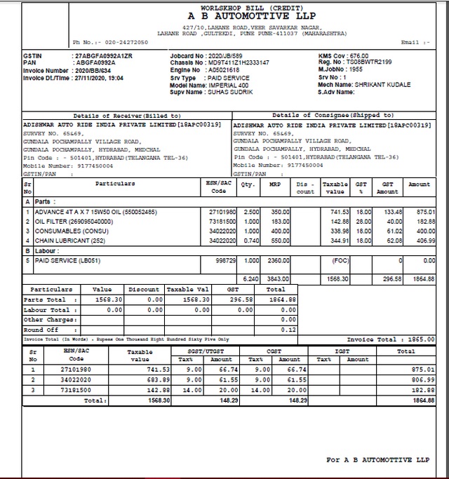 Benelli Imperiale 400 first service bill